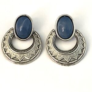 Silver Tone Crescent Drop Earrings Blue Cabochon Boho Southwestern Statement
